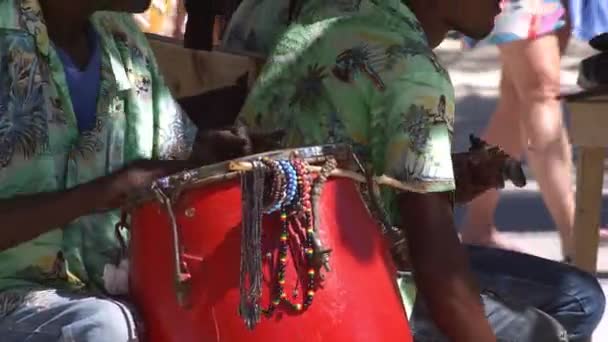 Closeup African American Hands Playing Red Drum Outdoors Caribbean — Stock Video
