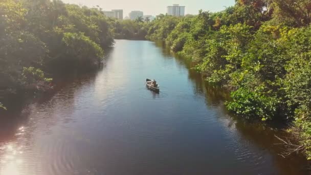 Drone Footage Person Paddling River Canoe — Stock Video