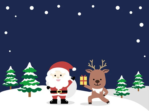 Weihnachtsmann Und Rentiere Einer Verschneiten Landschaft Farbige Flache Design Illustration — Stockvektor