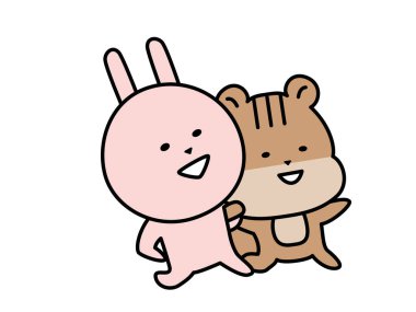 Sevimli tavşan ve sincap karakterleri kol kola yürür.