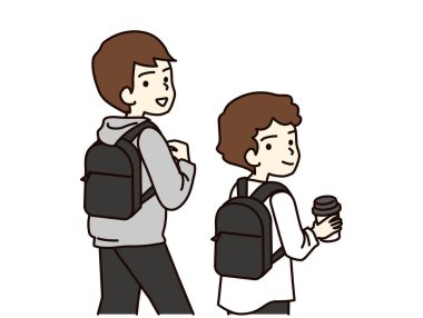 Rear view of two boy students walking with backpacks on their backs.