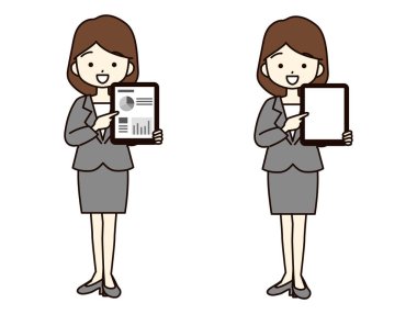 Young woman in a suit showing a tablet with a smile.There is copy space on the tablet screen.