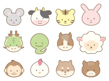 Illustration of the cute zodiac. 12 cute animal head icons. (Mouse, cow, tiger, rabbit, dragon, snake, horse, sheep, monkey, rooster, dog and wild boar.