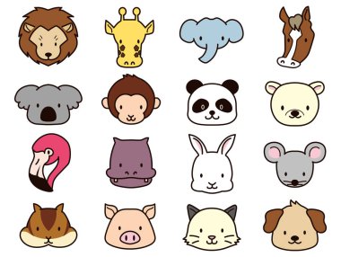Vector illustration of animal faces. Cute cartoon style. (lion, giraffe, elephant, horse, koala, monkey, panda, bear, flamingo, hippo, rabbit, mouse, squirrel, pig, cat and dog