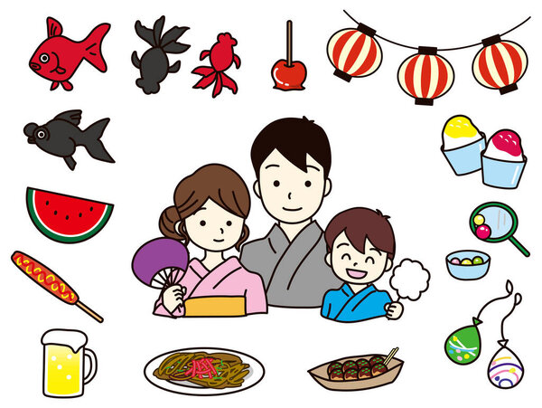Summer festival vector illustration set. Happy family enjoying the festival. Festival foods such as watermelon, shaved ice, yakisoba, and takoyaki.