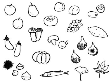 Autumn motif hand-drawn style line drawing icon set. Black line drawing. Japanese-style illustration drawn with ink.
