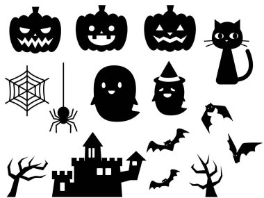 Halloween item silhouette set. Jack O Lantern, cat, ghost, bat, spider and castle etc.