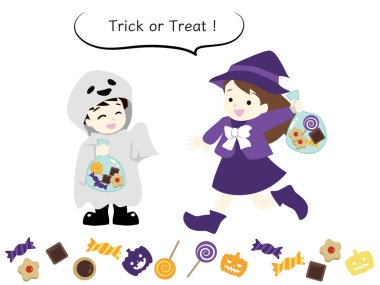 Boy and girl dressed up as Halloween costumes and called Trick or Treat. Children holding sweets.