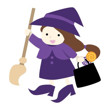 Girl dressed as a witch.  Halloween illustration. Simple and cute flat taste.