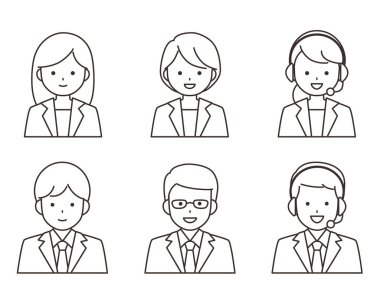 Icon of men and women in suits. Black and white line drawing. Simple illustration with outline.