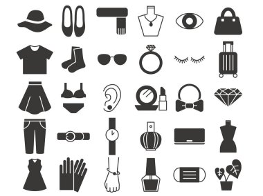 Fashion icon set. Black and white illustration. Clothing, accessories, cosmetics, etc.
