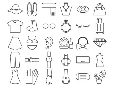 Fashion icon set. Black line drawing. Clothing, accessories, cosmetics, etc