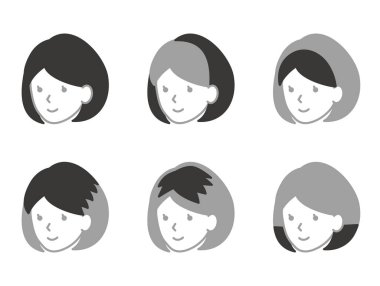 Types of wigs for medium hair.  Simple monochrome face icon.