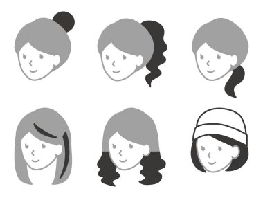 Types of partial wigs. Simple monochrome face icon.