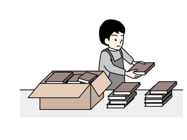 A man in a bookstore who sorts a large number of books.