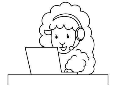 The operator sheep receives the call on the laptop. Sheep working on telework. Monochrome line drawing. Humorous animal illustrations