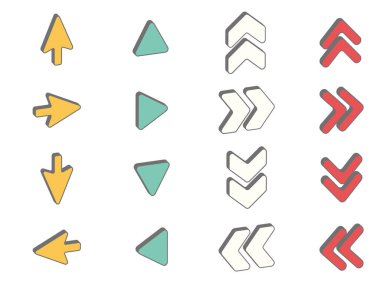 Arrow icon set with three-dimensional shadow. Colorful button-like arrows.