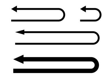 Black U-turning arrow set. A set of short, long, thin, and thick arrows.