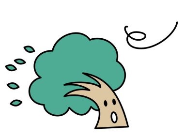 A tree character that is blown by a strong wind. A cute illustration of a deformed tree.