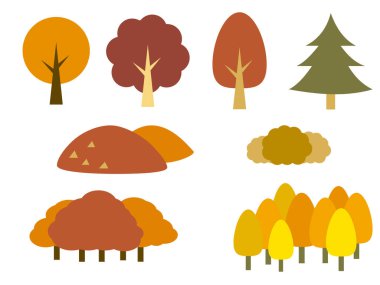 Illustration material set of autumn leaves trees and mountains. Simple illustrations of isolated four types of trees, mountains and forests.
