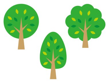 Three simple tree icons. Trees with rounded, cloud-shaped, and triangular leaves. Illustration of an isolated tree that can be used as a map or background.