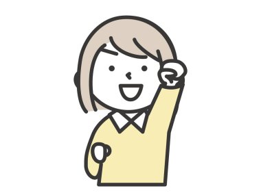 A smiling girl doing a guts pose. Simple style illustrations with outlines. Elementary school or kindergarten girl.