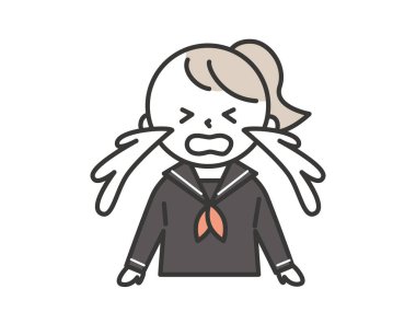 A female student crying with a lot of tears. Simple style illustrations with outlines. A female student wearing a sailor suit