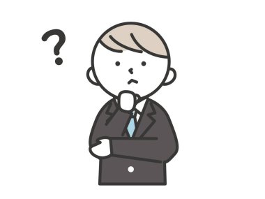 A male student with a question mark on his head and a questioning expression. Simple style illustrations with outlines. A male student wearing a blazer uniform
