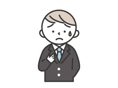 A male student with a cold sweat and an uneasy expression putting his hand on his chest