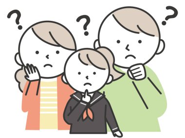 A female student with a worried expression wearing a sailor suit and her parents. Family illustration of daughter and parents. Simple style illustrations with outlines.
