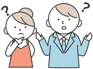 A couple of young men and women with a troubled expression with a question mark on their head. Simple style illustrations with outlines.