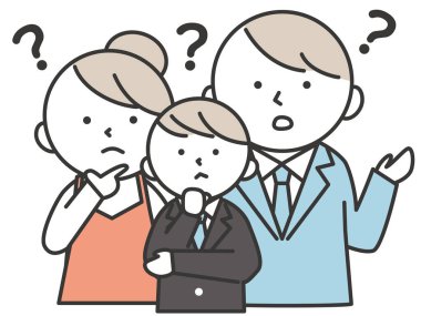 A male student with a troubled expression wearing a blazer uniform and his parents. Family illustration of son and parents. Simple style illustrations with outlines.