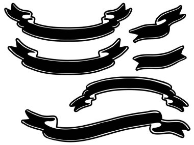 El yazısıyla yazılmış basit monokrom başlık kurdeleleri koleksiyonu. Beyaz çizgileri olan siyah renkli bir kurdele..