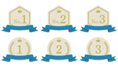 Mavi kurdele sıralama malzemesi. Altın altıgen ve madalya. Üzerinde 1 numaradan 3 numaraya yazan bir kurdele olan bir amblemin tasviri..