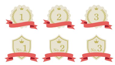 Kırmızı kurdele sıralama malzemesi. Altın madalya ve kalkan. Üzerinde 1 numaradan 3 numaraya yazan bir kurdele olan bir amblemin tasviri..