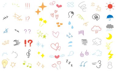 Renkli el yazısı çizgi roman seti. Duyguları ifade etmek için çeşitli semboller.