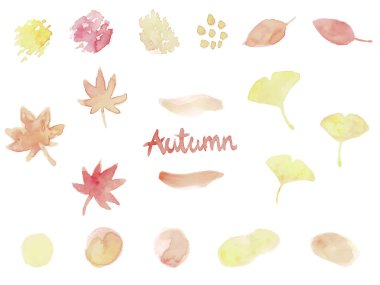 Sonbahar motifleri ve sonbahar yaprakları ve suluboya ile boyanmış ginkgo biloba gibi soyut şekiller. Kırmızı, turuncu ve sarı soluk renkler.