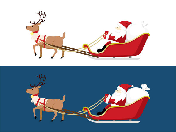 Santa Claus riding a sleigh pulled by walking reindeer. Christmas illustration material.