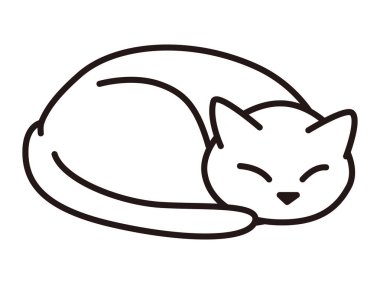 Bir kedi kıvrıldı ve mutlu bir şekilde uyudu. Tek renkli çizgi çizimi. Basit ve şirin biçim çizimleri.