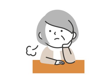 Yaşlı kadın çenesini eline dayayıp iç çekiyor. Basit ve şirin bir çizgi film tarzı son sınıf çizimi..