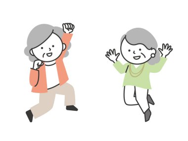 Son sınıf kadınları gülümseyerek zıplıyorlar. Basit ve şirin bir çizgi film tarzı son sınıf çizimi..