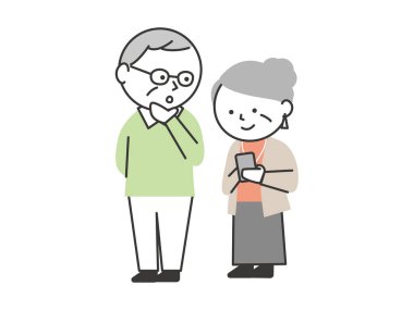 Üst düzey çift akıllı telefondan araştırma yapıyor. Basit ve şirin bir çizgi film tarzı son sınıf çizimi..