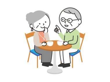 Bir kafede çay içen yaşlı çift. Basit ve şirin bir çizgi film tarzı son sınıf çizimi..