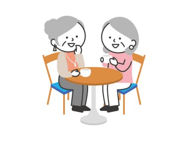 İki son sınıf öğrencisi bir kafede sohbet ediyor. Basit ve şirin bir çizgi film tarzı son sınıf çizimi.