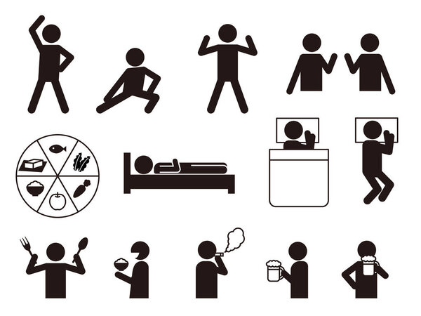 Pictograms related to lifestyle habits. People who exercise, sleep, smoke, eat, and drink alcohol. Simple monochrome silhouette of people.