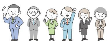 Gençler ve yaşlılar da dahil olmak üzere çeşitli kuşaklardan takım elbiseli iş adamları ve kadınlar