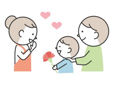 Anneler Günü 'nde anne, çocuktan karanfil çiçeği alıyor. Basit ve sevimli karakter çizimi.