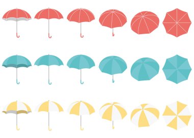 Renkli şemsiyelerden oluşan bir set. Yan, doğrudan üstten ve çapraz gibi çeşitli açılardan bakılıyor.