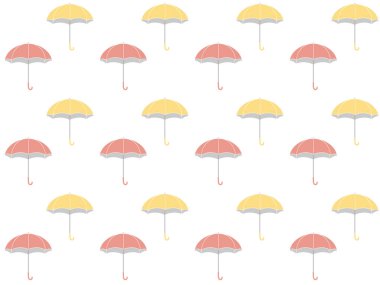 Sarı ve pembe şemsiyelerin kusursuz deseni. Yağmurlu mevsimden esinlenilmiş renkli ve sevimli arka plan materyali.