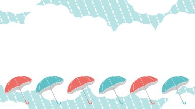Gökyüzünün arkaplan malzemesi renkli şemsiyeler ve yağmur bulutlarıyla. Kopyalama alanı olan yatay malzeme.